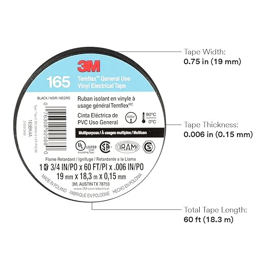 3M Temflex Multi-Purpose Vinyl Electrical Tape 165, Black, 3/4 in x 60 ft (19 mm x 18 m)