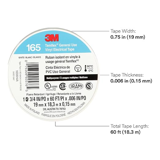 3M Temflex Multi-Purpose Vinyl Electrical Tape 165, White/Blue/Red, 3/4 in x 60 ft (19 mm x 18 m)
