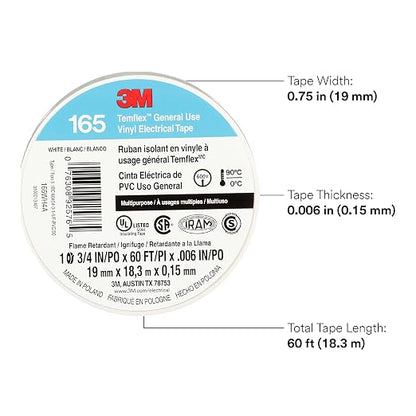 3M Temflex Multi-Purpose Vinyl Electrical Tape 165, White/Blue/Red, 3/4 in x 60 ft (19 mm x 18 m)